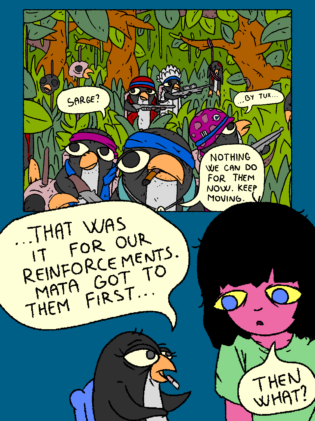 Penguin tells Girl about the Corpo-Foss war