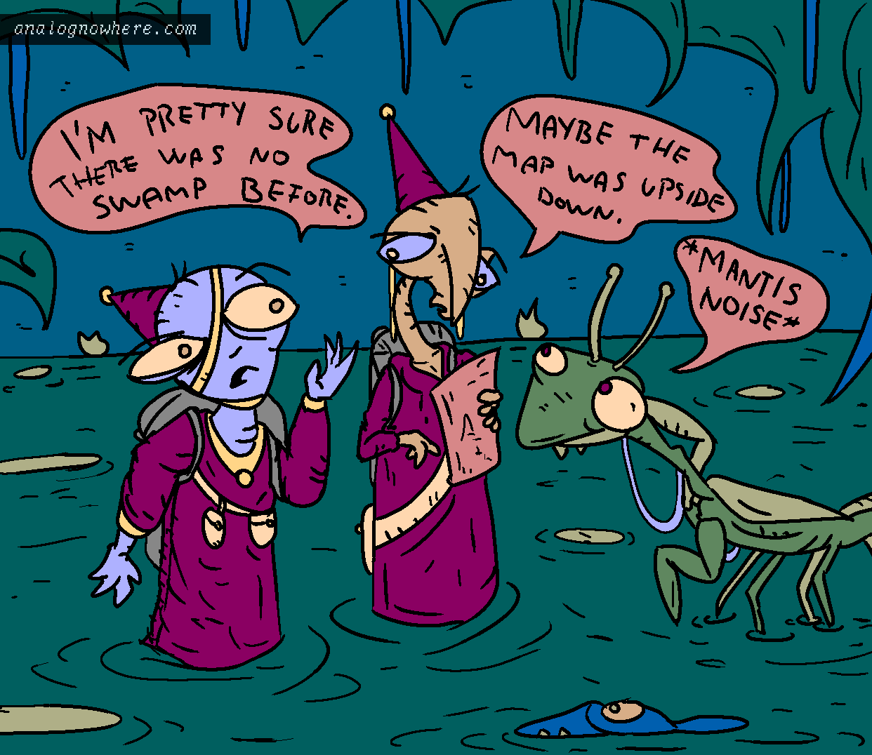 Two cultists traverse a swamp