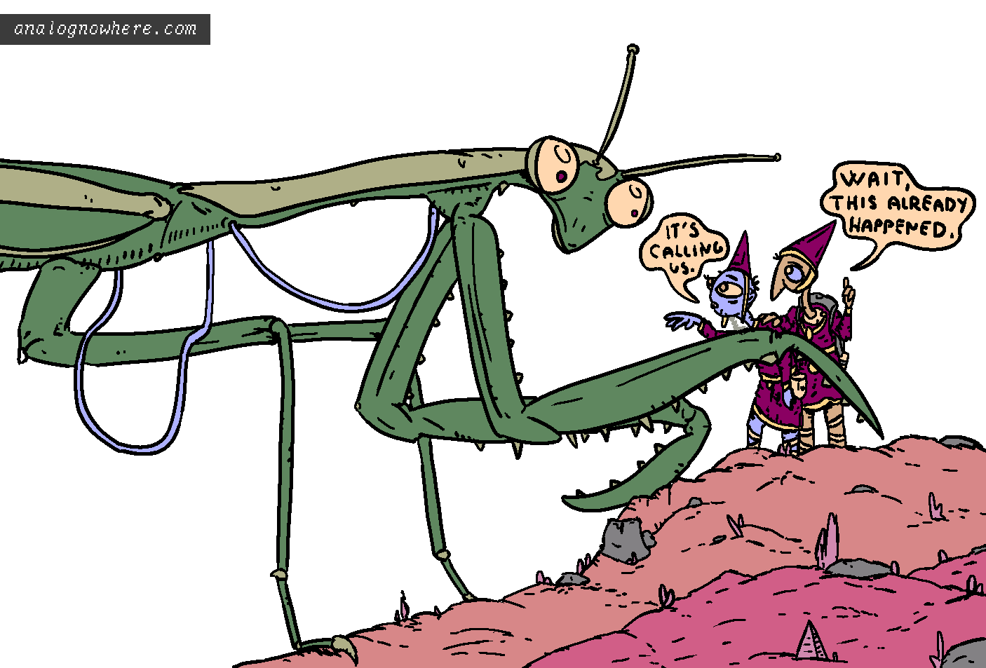 Two cultists meet a mantis